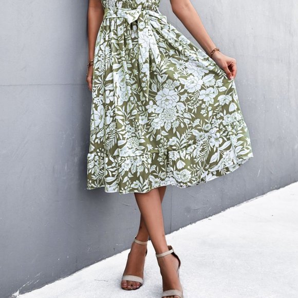 Floral Frill Trim Scoop Neck Spaghetti Strap Dress - Picture 4 of 7